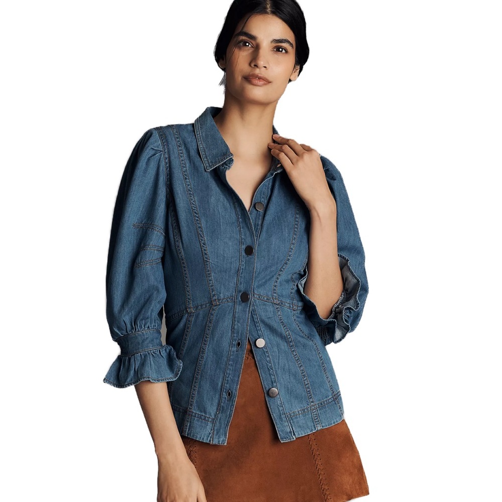 Anthropologie Puff Sleeve Denim Buttondown Shirt Medium